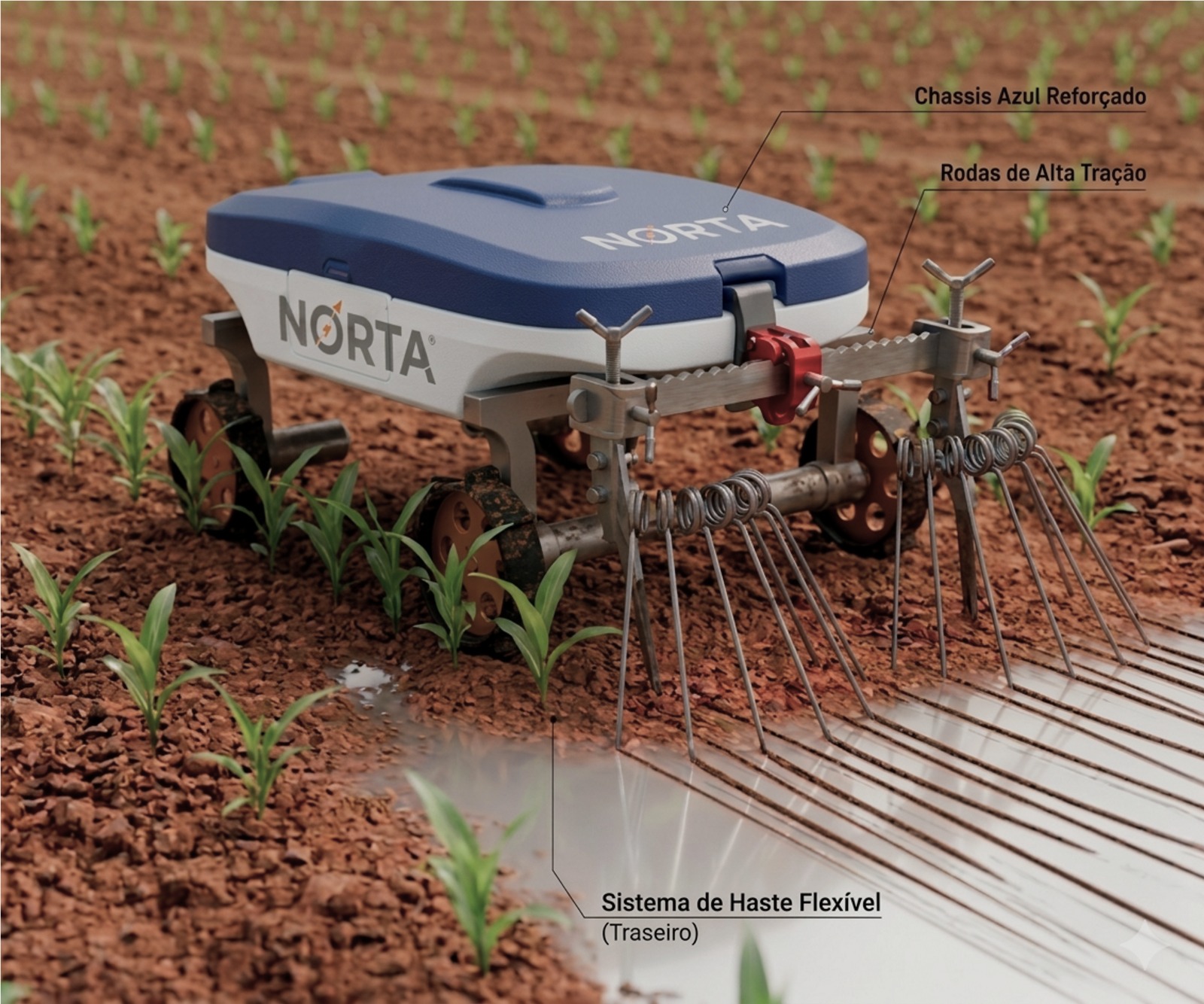 Protótipo do robô Norta com implemento agrícola trabalhando em área cultivada
